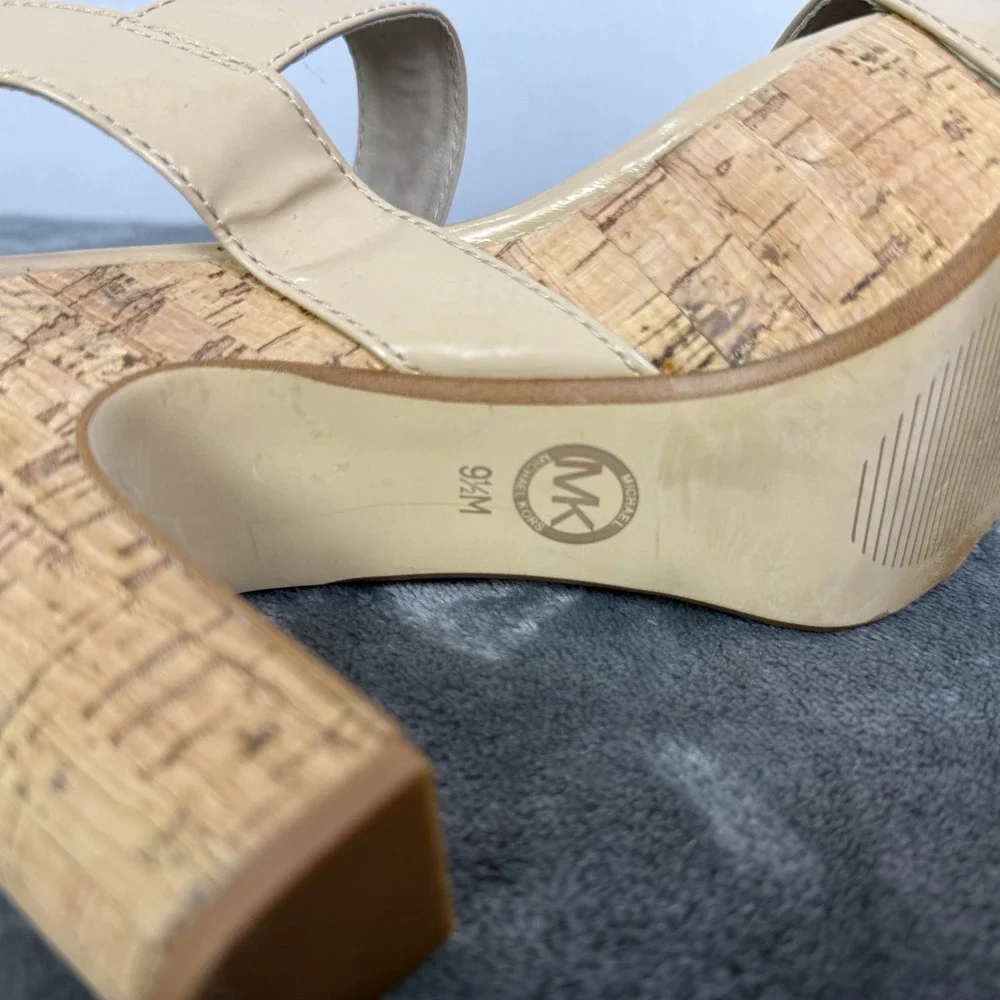 MICHAEL KORS IVANA SANDAL NUDE WOMEN PLATFORM OPEN TOE CORK HEELS SHOES SZ 9.5 M